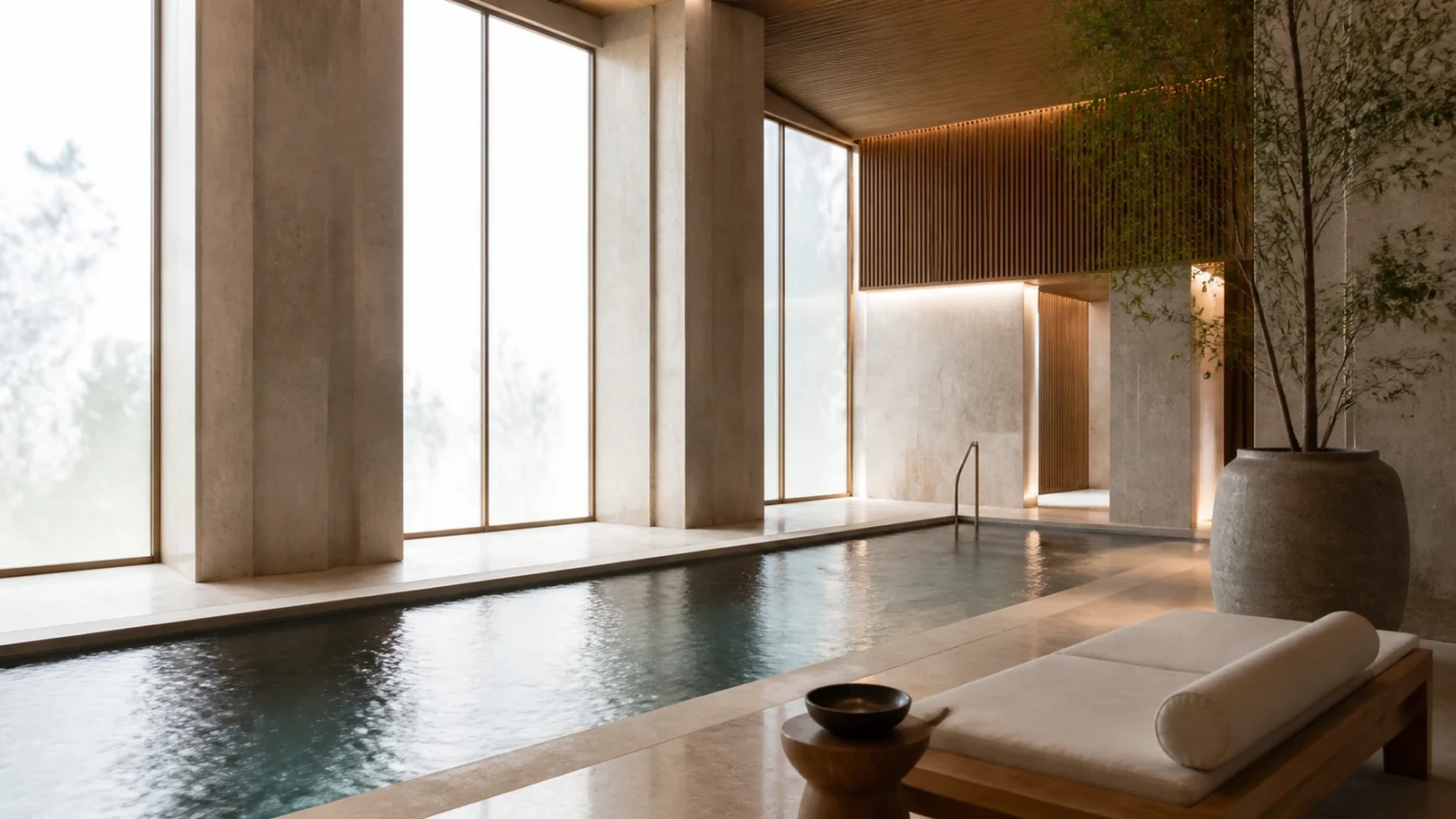 Espace bien-être urbain avec bassin intérieur et matériaux naturels