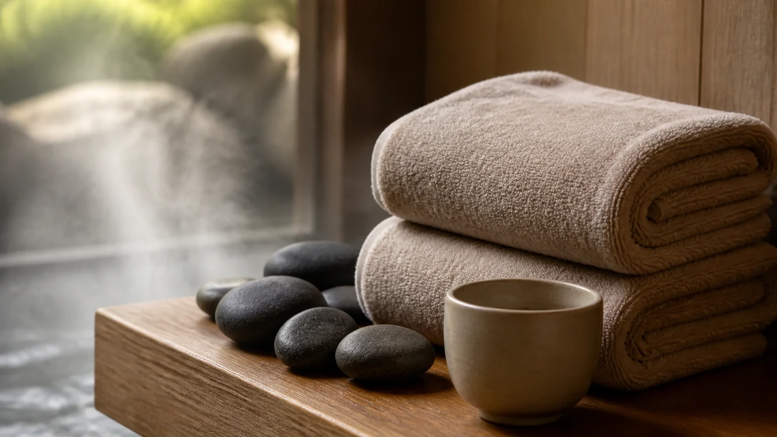 Serviettes, galets et tisane dans un espace de détente