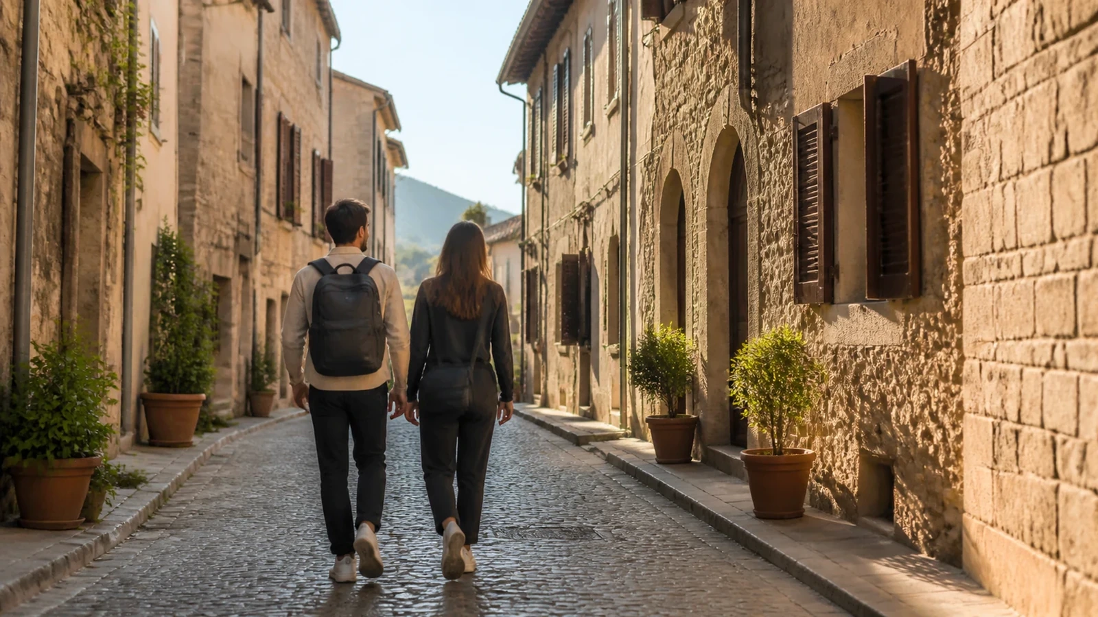 Arrivée de voyageurs dans une petite ville européenne en été