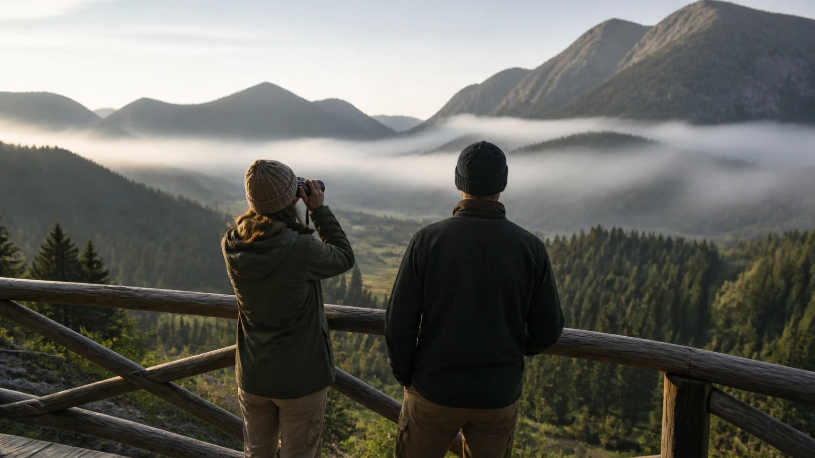 Voyageurs observant une vallée alpine